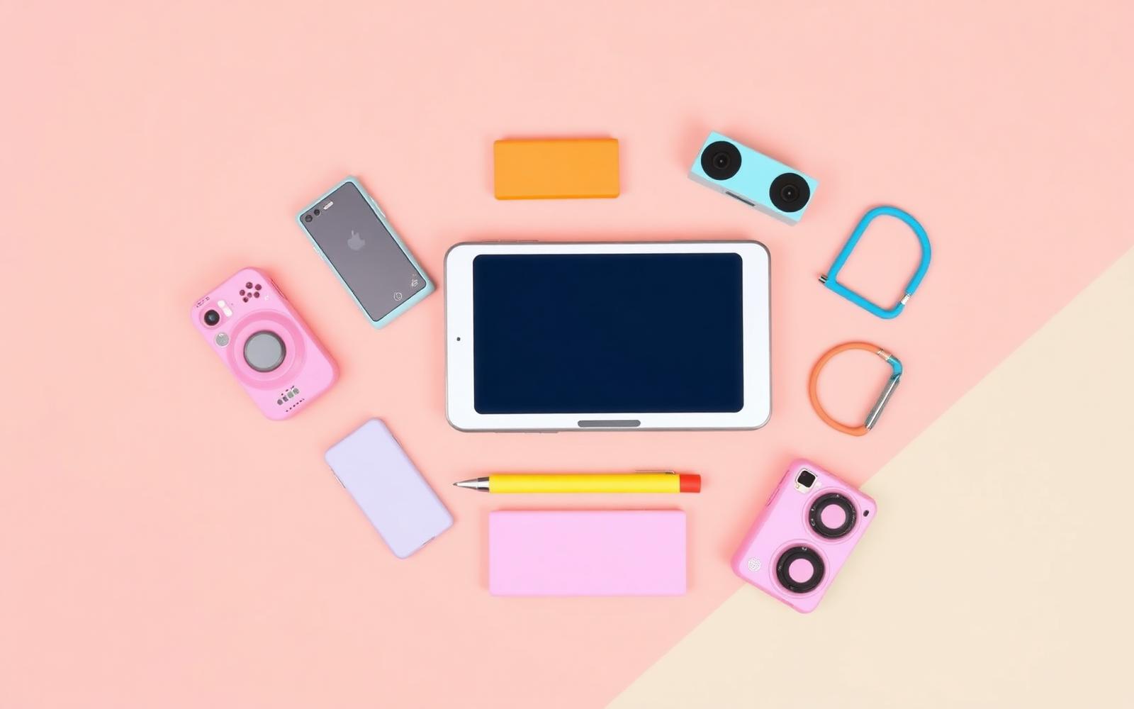 Colorful gadgets and electronics flat lay